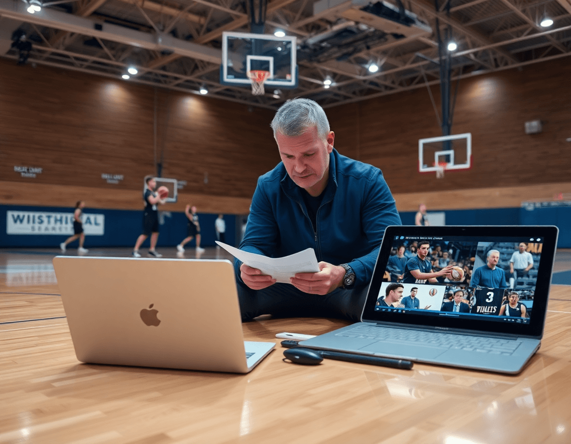 Entrenador revisa scouting y plan semanal de rivales con ejercicios baloncesto pdf en tableta junto a la cancha.