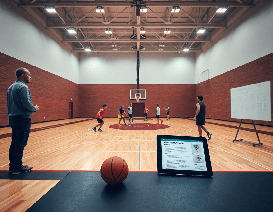 Gimnasio de baloncesto con entrenador mostrando ejercicios baloncesto pdf a un equipo en la cancha.