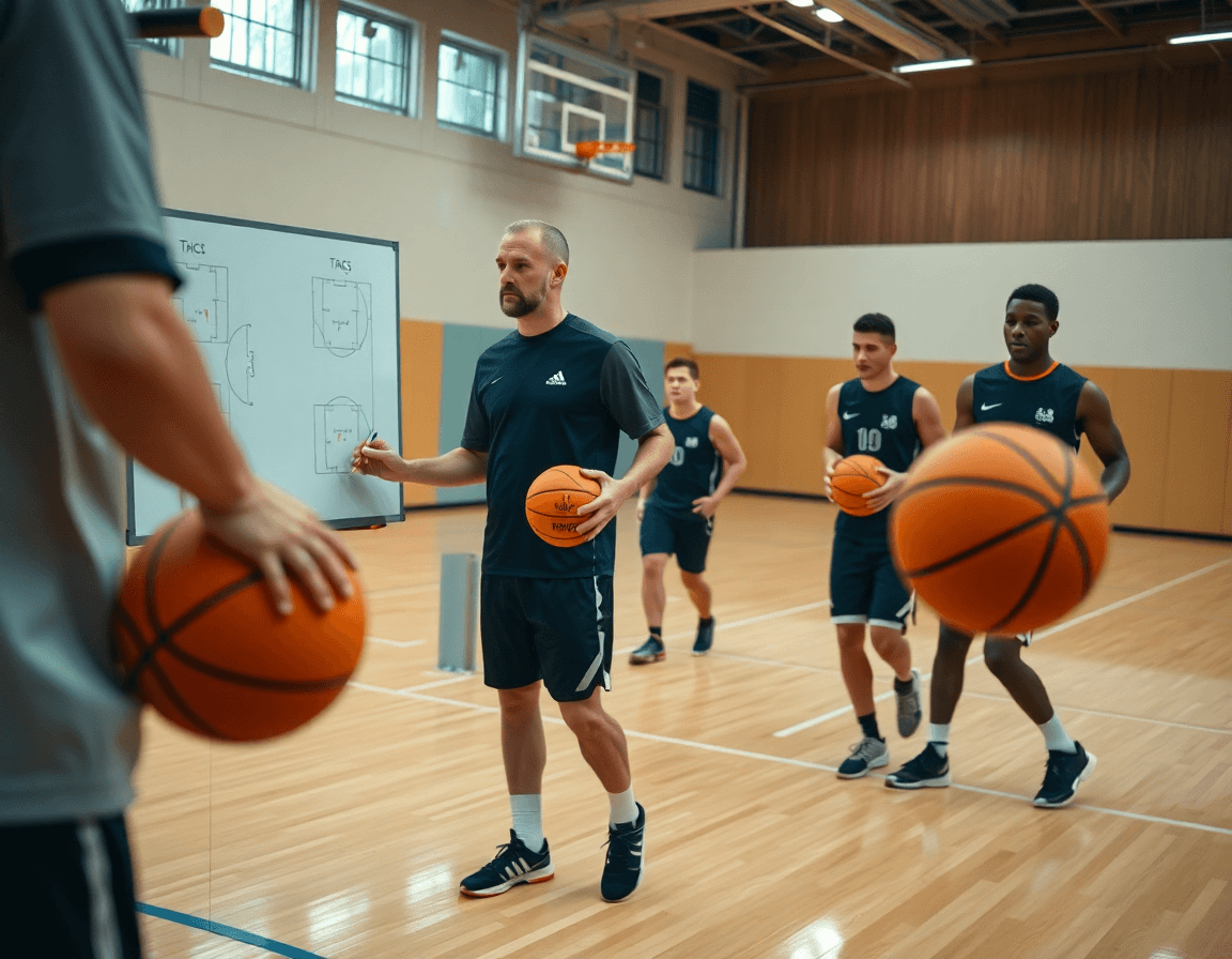 Baloncesto en la cancha: entrenador con pizarra y jugadores ejecutando ejercicios entrenamiento baloncesto pdf.
