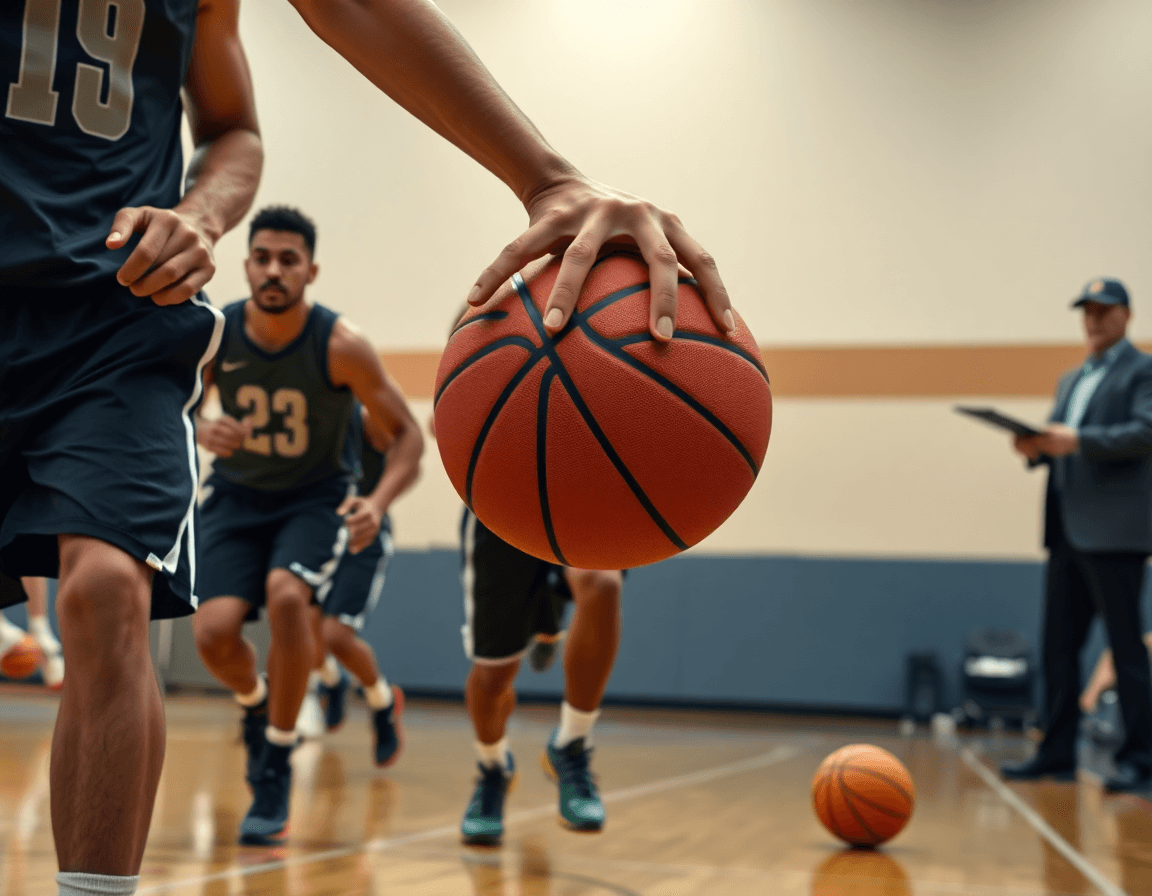 Cancha de baloncesto con entrenador y jugadores ensayando jugadas del ejercicios entrenamiento baloncesto pdf.
