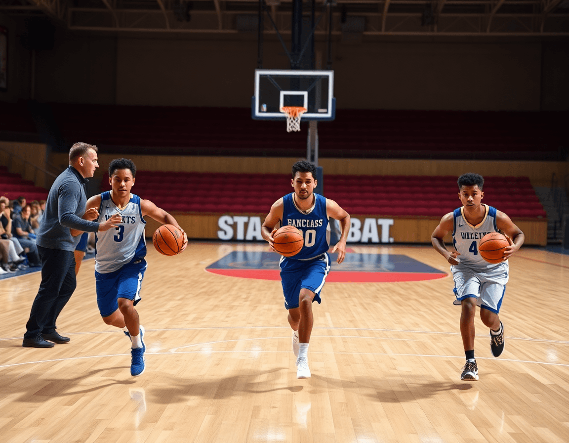 Escena de baloncesto en gimnasio: entrenador muestra una pizarra con ejercicios entrenamiento baloncesto pdf.