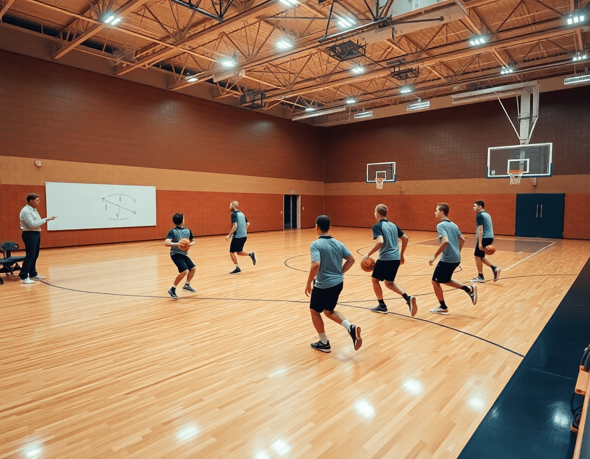 Gran plano general de baloncesto en gimnasio, entrenador con pizarra y equipo practicando ejercicios entrenamiento baloncesto pdf.