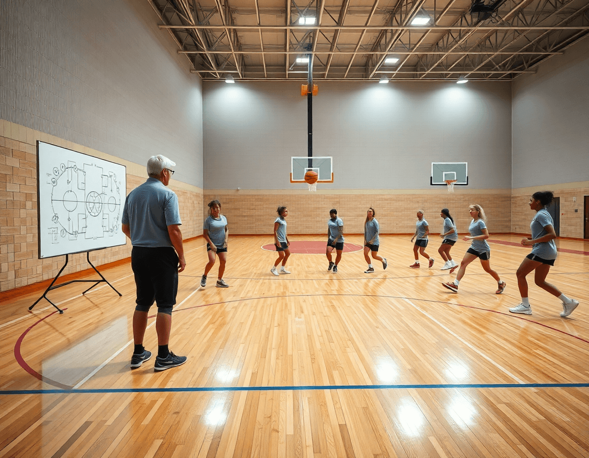 Plano general de ejercicios baloncesto senior femenino en un gimnasio, entrenadora guiando jugadoras en la cancha.