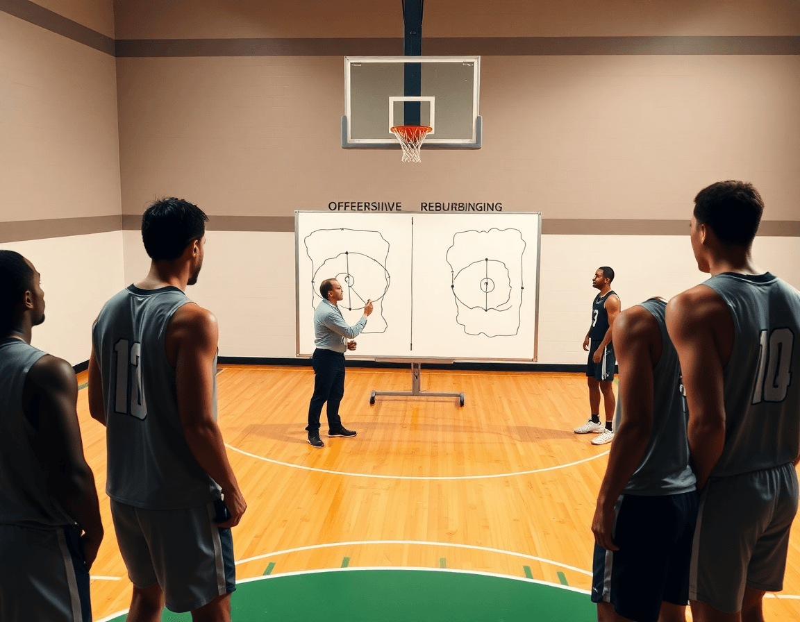 Diagrama táctico para rebotes baloncesto mostrado en pizarra, con jugadores observando y aplicando rutas de rebote.