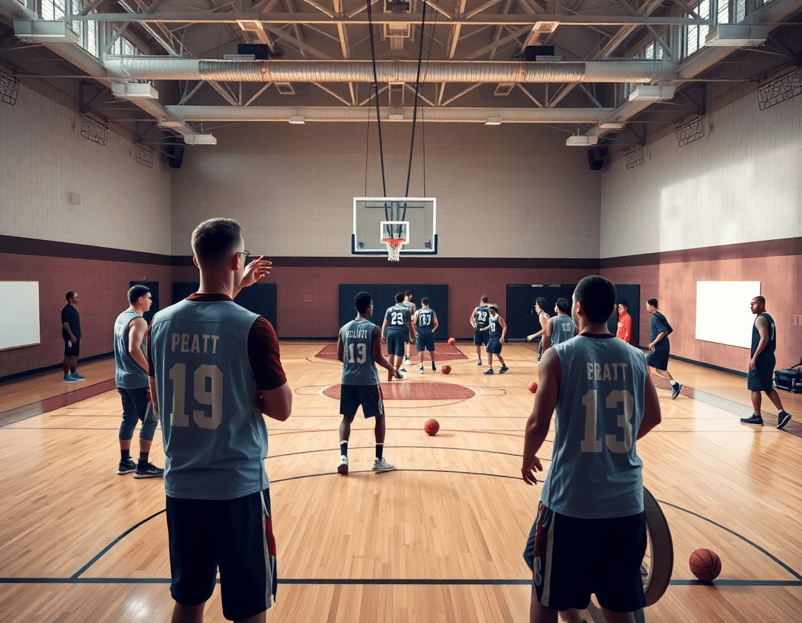 Ejercicios bloqueo rebote baloncesto: un entrenador dirige rebotes alrededor del aro mientras el equipo practica.