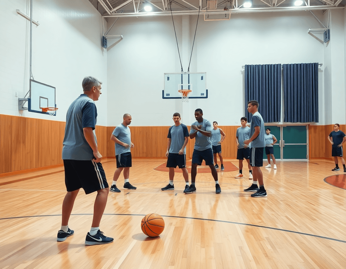 Escena amplia de un gimnasio de baloncesto mostrando ejercicios bloqueos baloncesto durante entrenamiento.