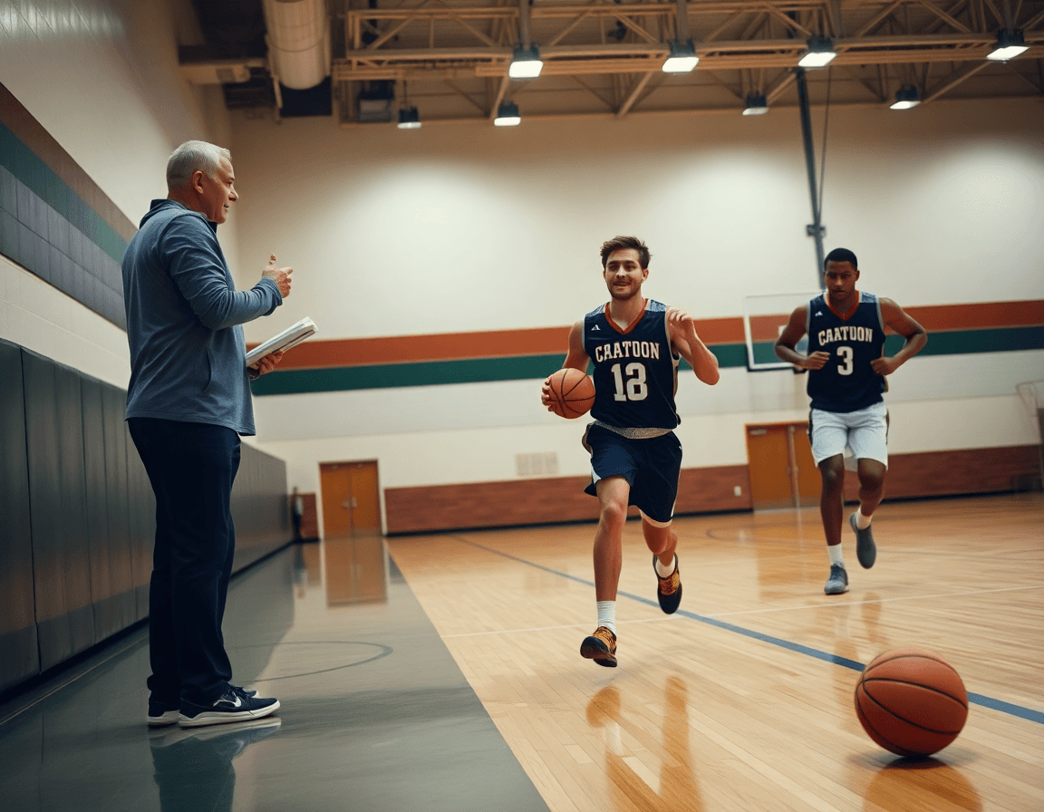 Plano medio de dos jugadores driblando baloncesto cerca de la línea, ejercicios bote baloncesto niños.