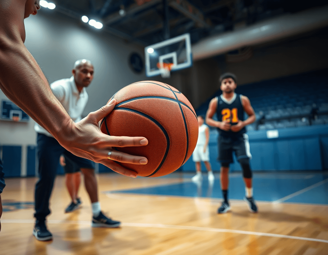 Primer plano de manos y balón de baloncesto niños practicando ejercicios bote baloncesto niños con enfoque.
