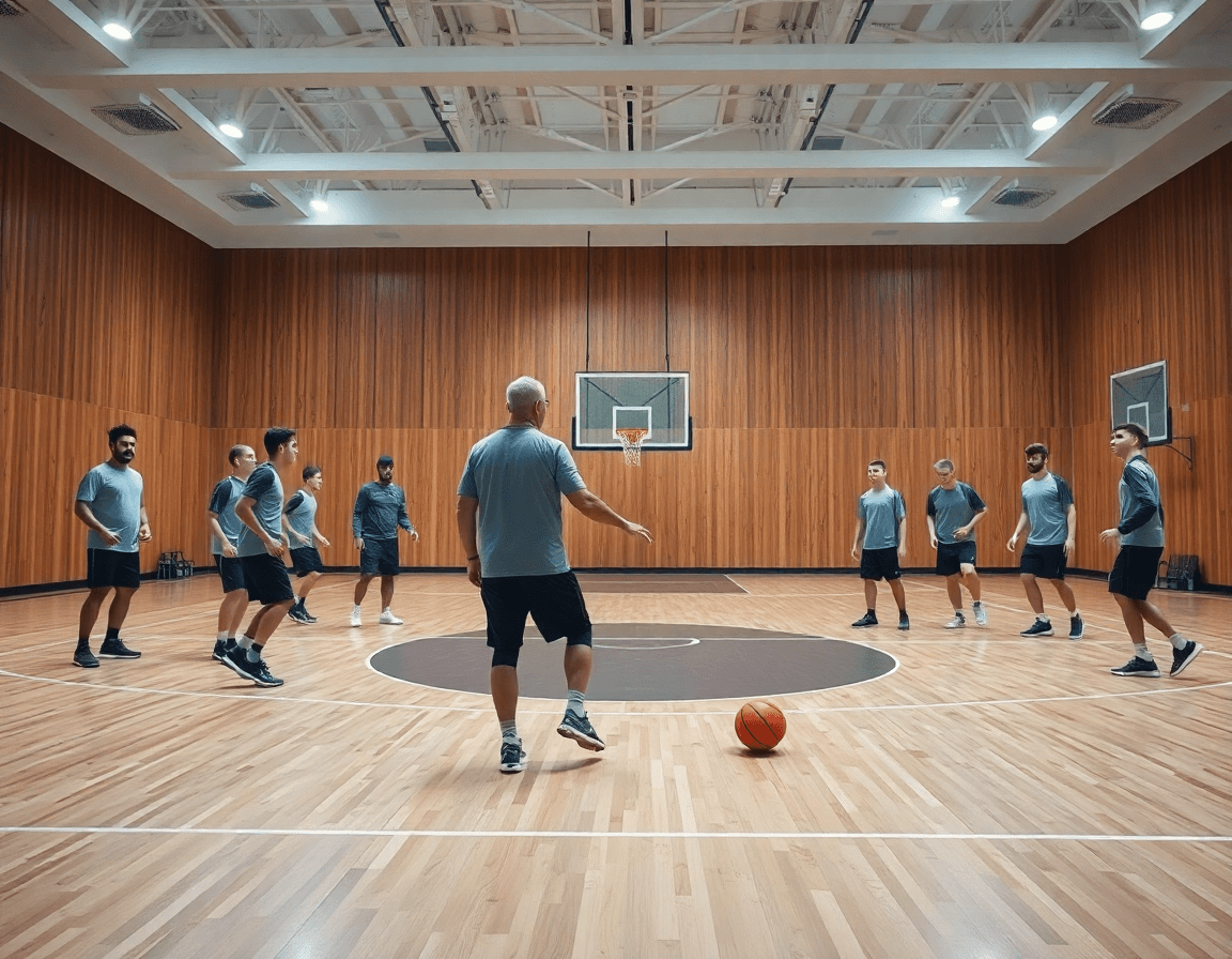 Gran escena de baloncesto en un gimnasio, entrenador guía ejercicios bote baloncesto niños durante el entrenamiento.