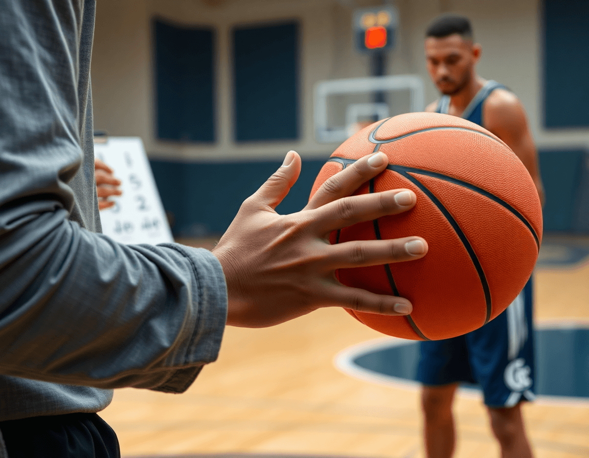 Primer plano de ejercicios bote baloncesto en la cancha de gimnasio, manos controlando el balón naranja.