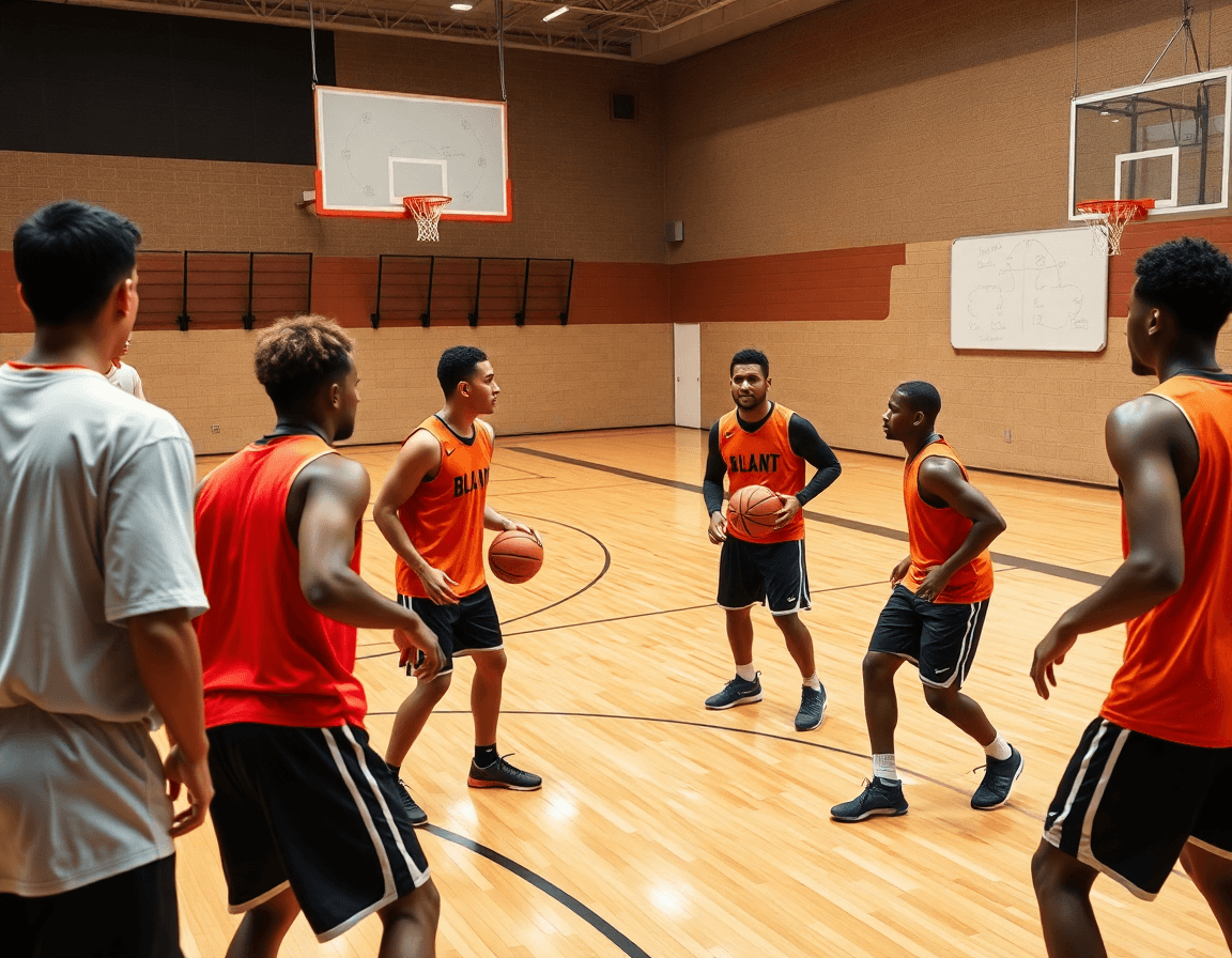 Varios jugadores realizan un dribble de baloncesto de nivel medio en la cancha de madera.