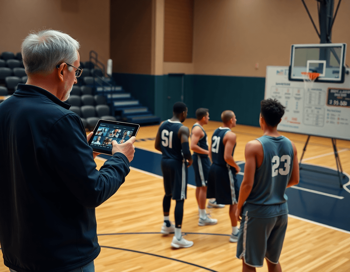 Entrenador revisa clips en una tableta mientras jugadores realizan un drill de baloncesto y analizan datos de scouting.