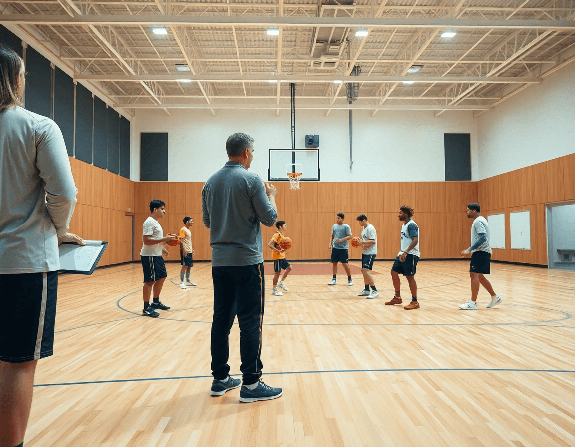 Ejercicios bote baloncesto en acción: entrenador con pizarra explica maniobras de baloncesto para la sesión.
