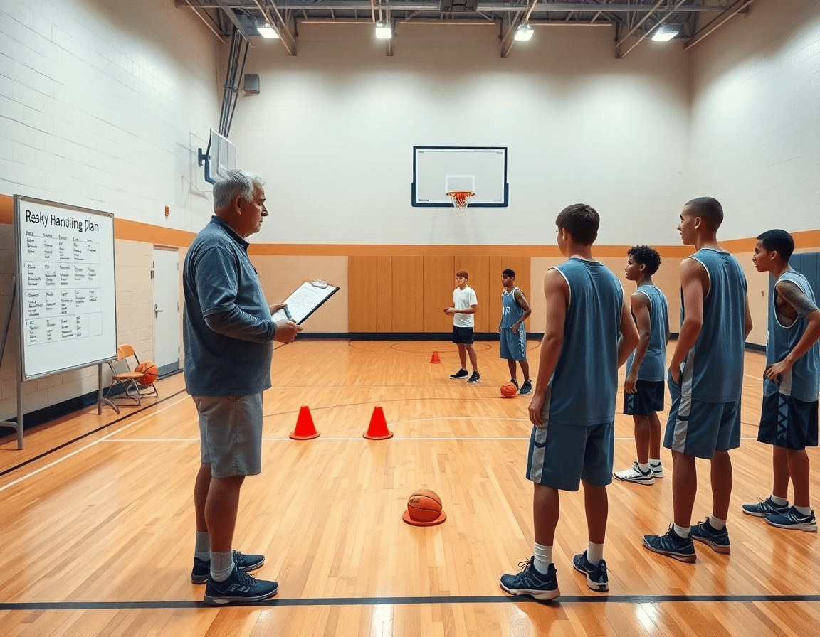 Coach y jugadores en pista practicando ejercicios de bote baloncesto para principiantes en cancha.