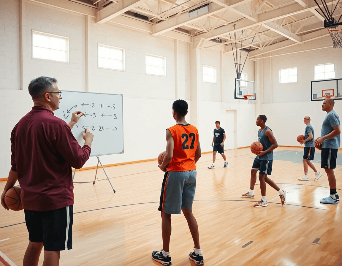 Entrenador explica ejercicios de bote baloncesto para principiantes en la pizarra durante la sesión.