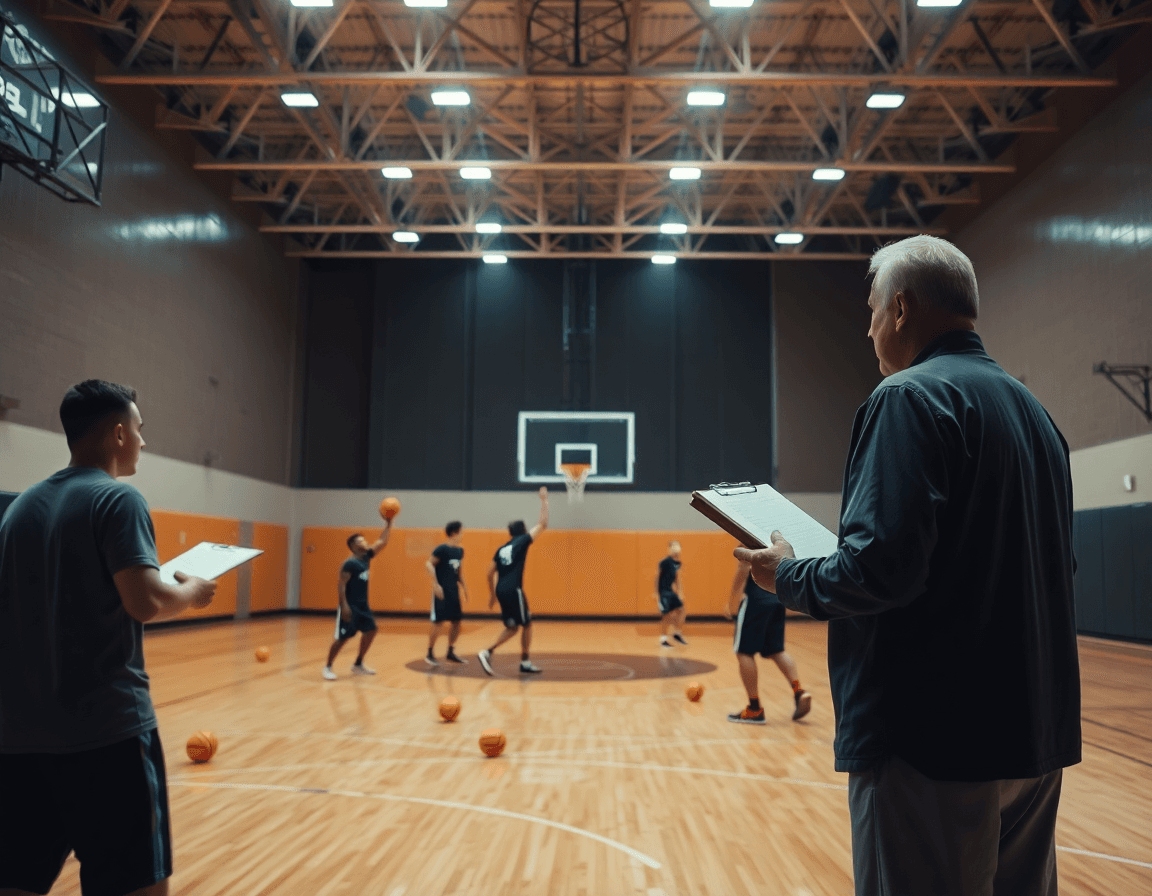 Plano general de un gimnasio de baloncesto con entrenador guiando ejercicios de bote baloncesto para principiantes.