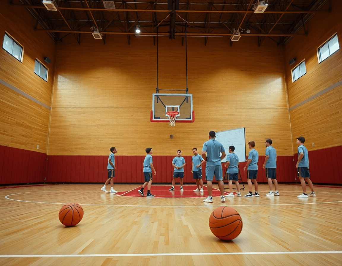 Plano amplio de minibasket mostrando ejercicios bote baloncesto minibasket mientras entrenador guía a los jugadores.