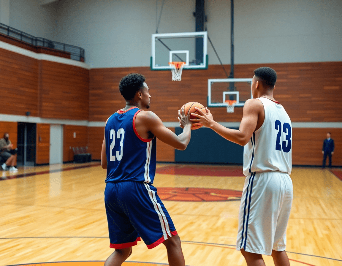 Dos jugadores realizan un give-and-go en un ejercicio de bote y pase en baloncesto.