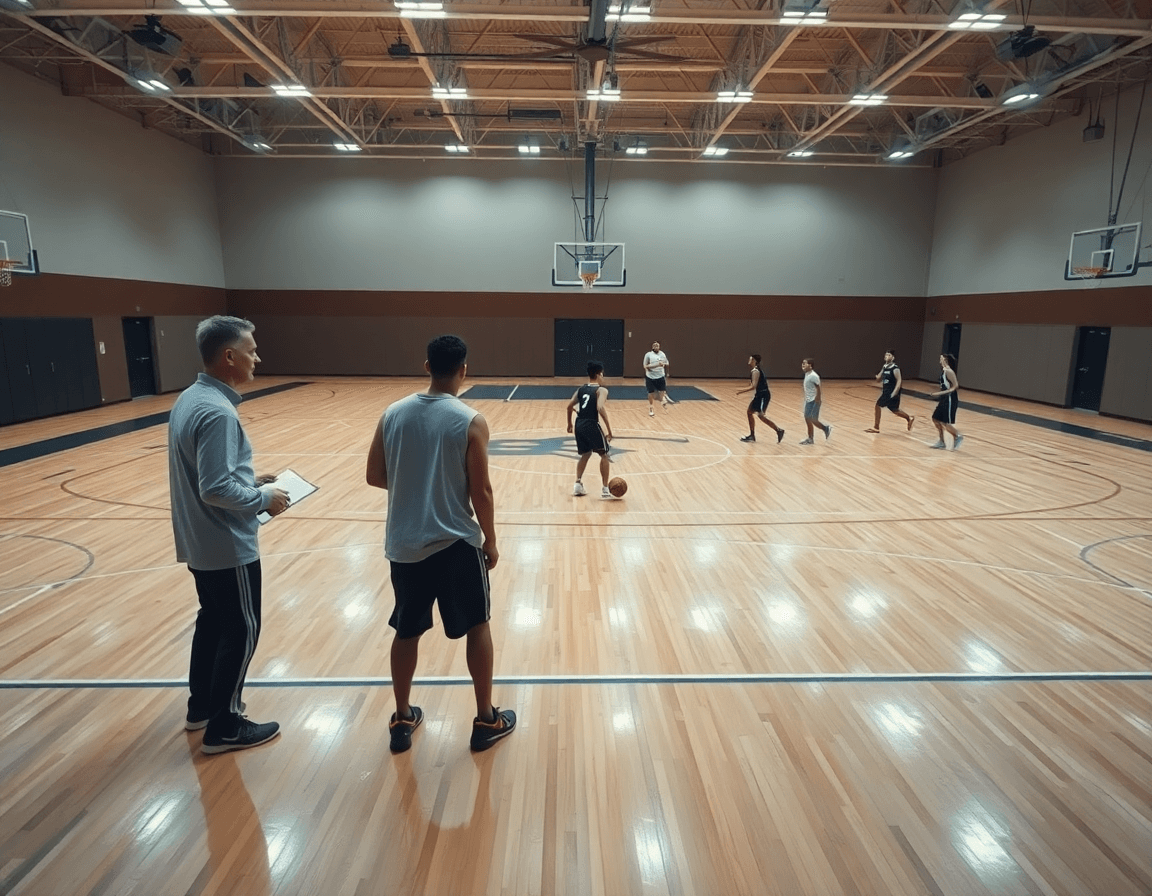 Gran toma general de baloncesto en gimnasio con ejercicios de bote y pase en baloncesto.
