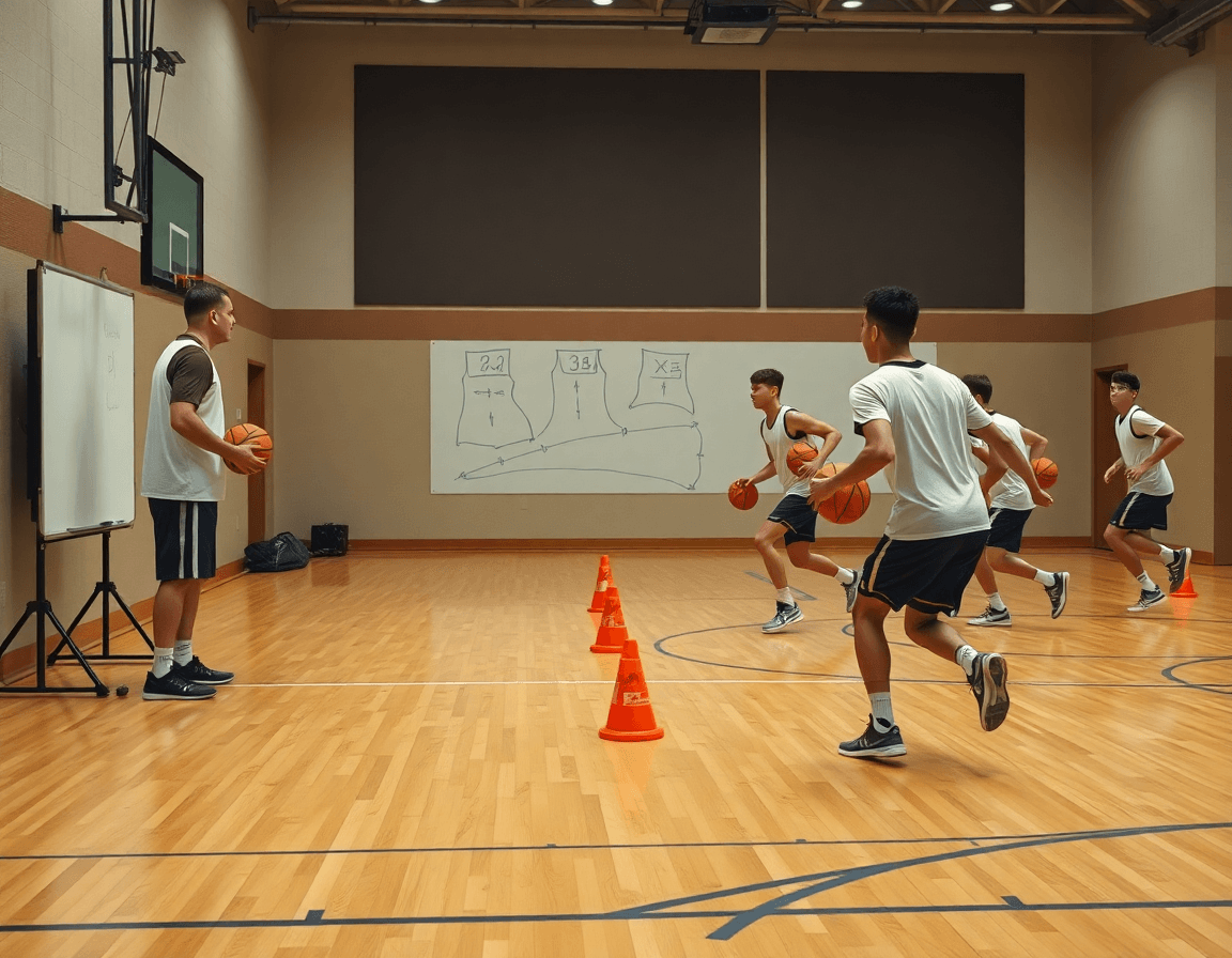 Primer plano: entrenador señala un plan de ejercicios bote de velocidad baloncesto mientras jugadores driblan.