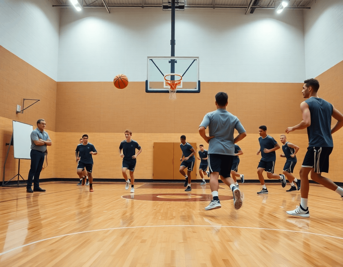 Vista amplia de un gimnasio de baloncesto con ejercicios bote de velocidad baloncesto y entrenador dirigiendo.