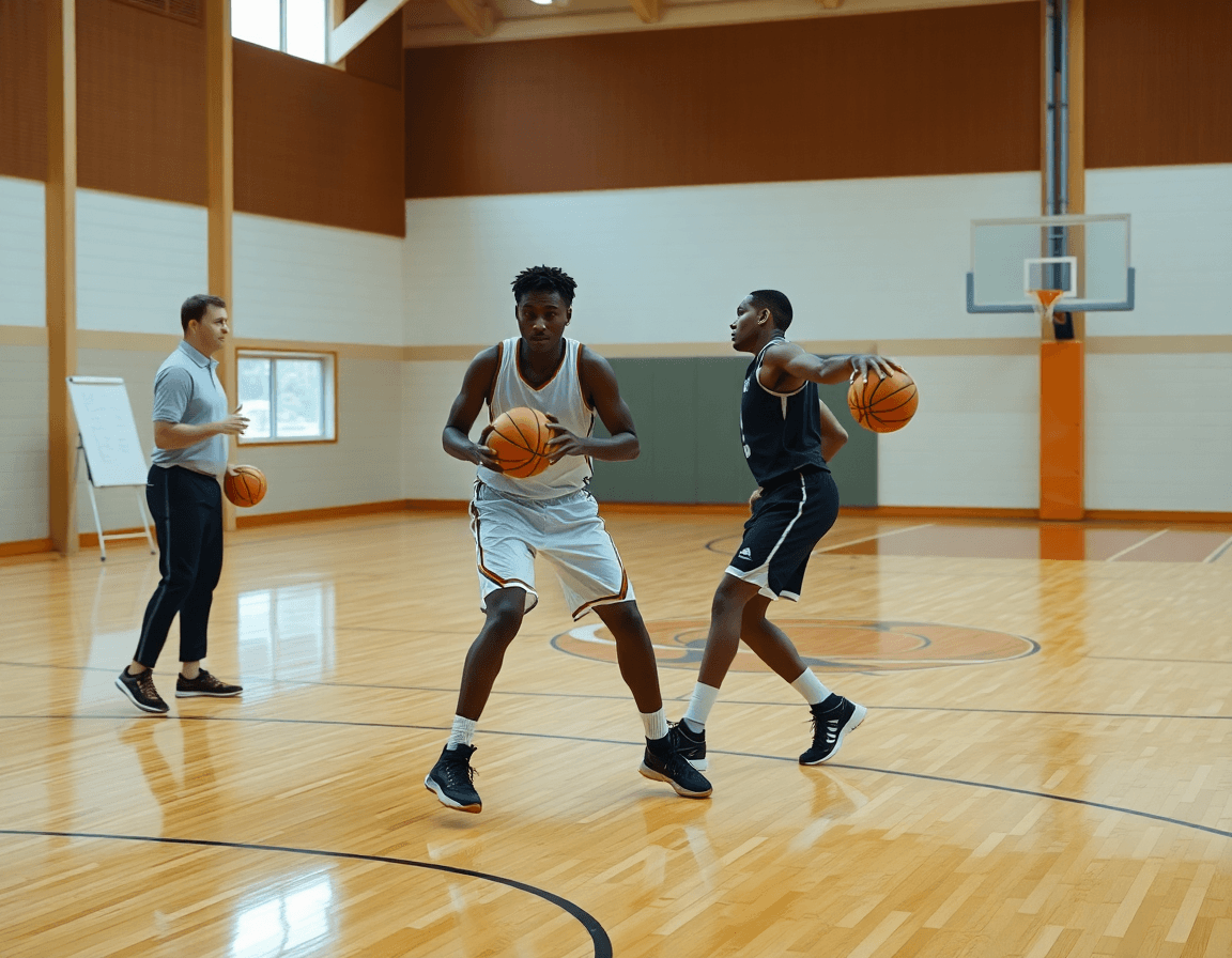 Dos jugadores realizan un rápido pase y corte durante un calentamiento de baloncesto con balón.
