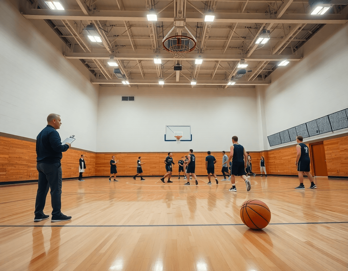 Visión amplia de un gimnasio de baloncesto con entrenador y equipo durante un calentamiento de baloncesto con balón.