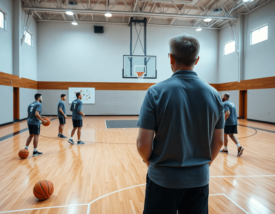 Escena amplia de ejercicios calentamiento baloncesto infantil en un gimnasio, entrenador dirige a jóvenes.