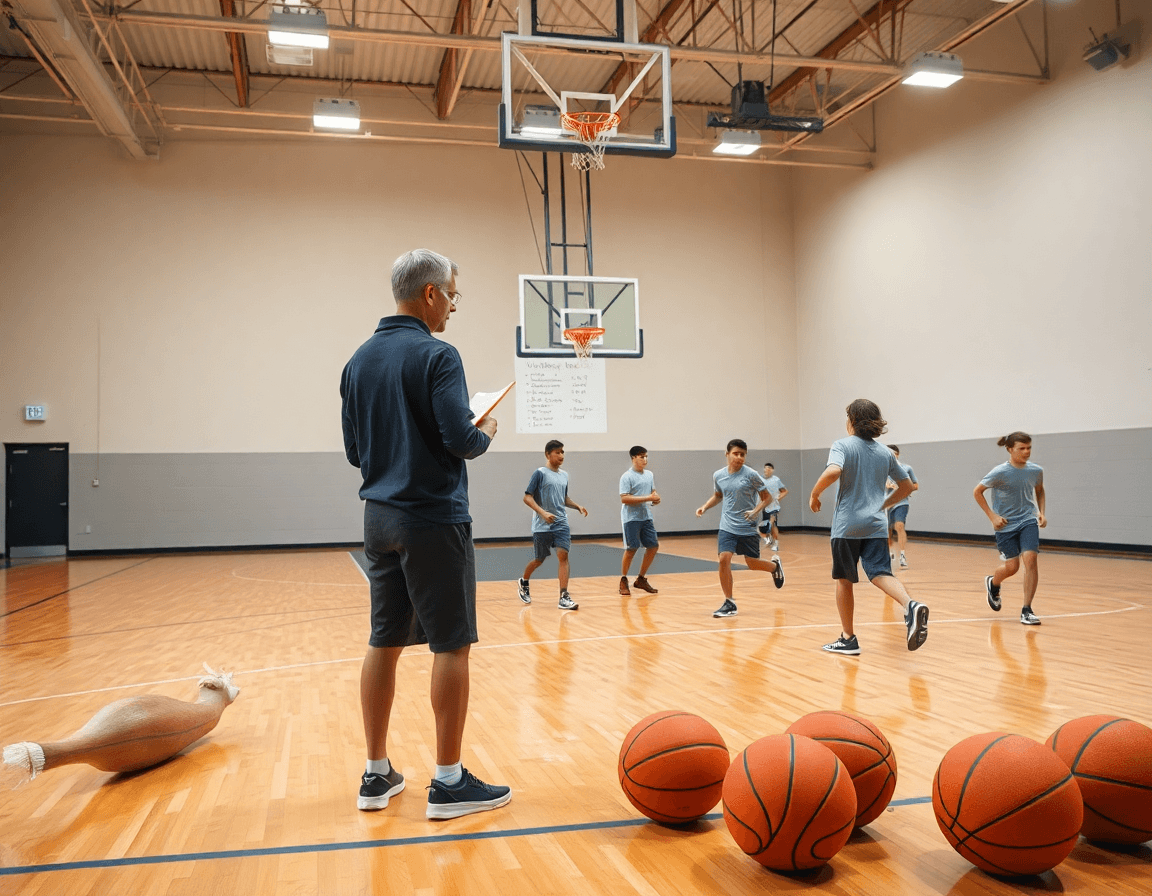 Escena amplia en gimnasio de baloncesto junior, mostrando ejercicios calentamiento baloncesto junior y planificación semanal.