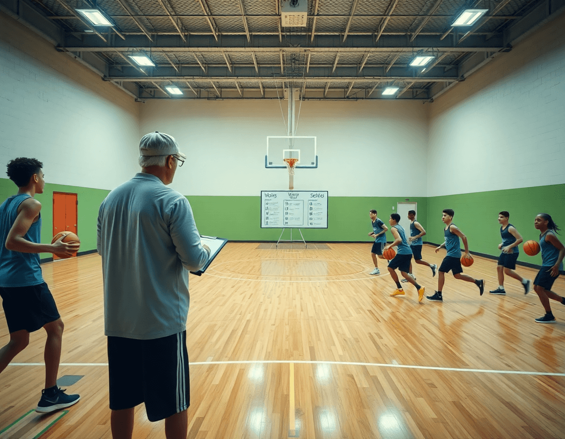 Vista panorámica de baloncesto junior calentando, mostrando ejercicios calentamiento baloncesto junior y planificación semanal.
