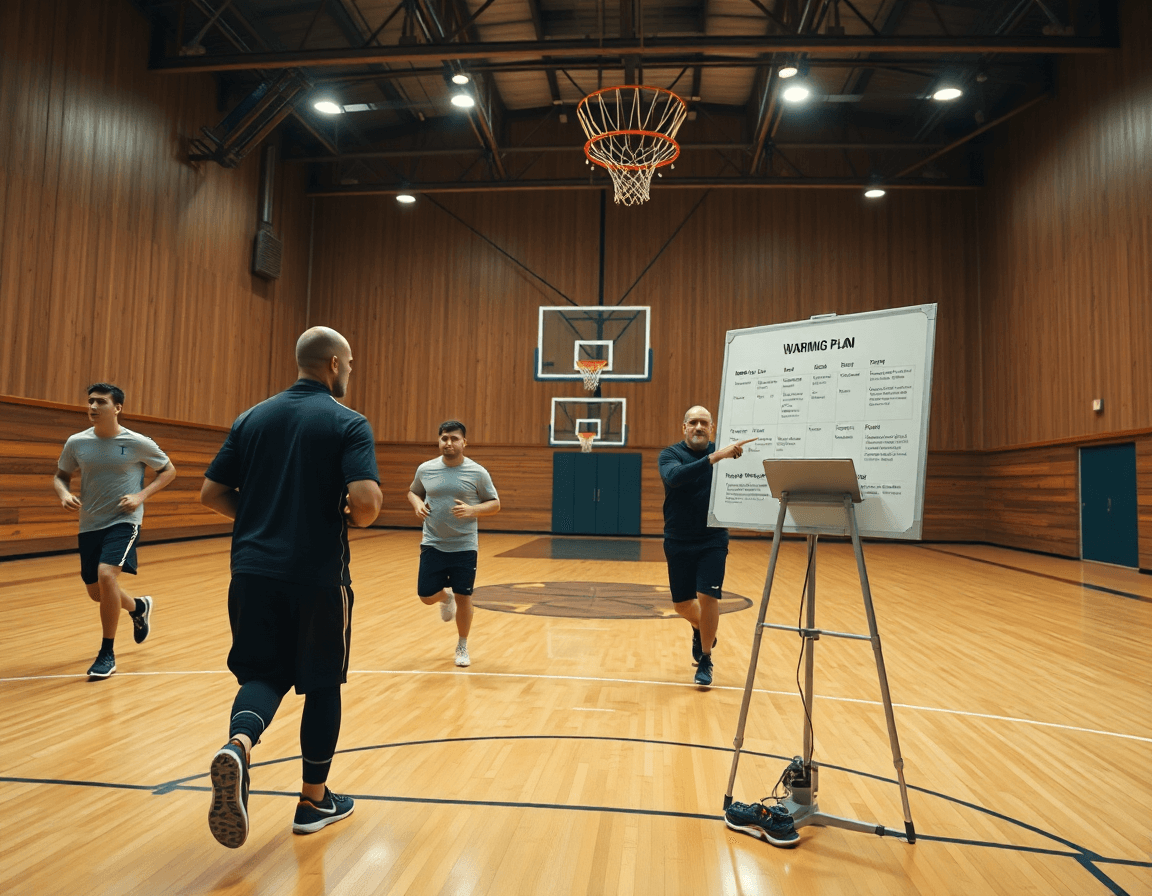 Ejercicios calentamiento baloncesto: vista amplia de entrenador guiando sesión en pista durante una práctica