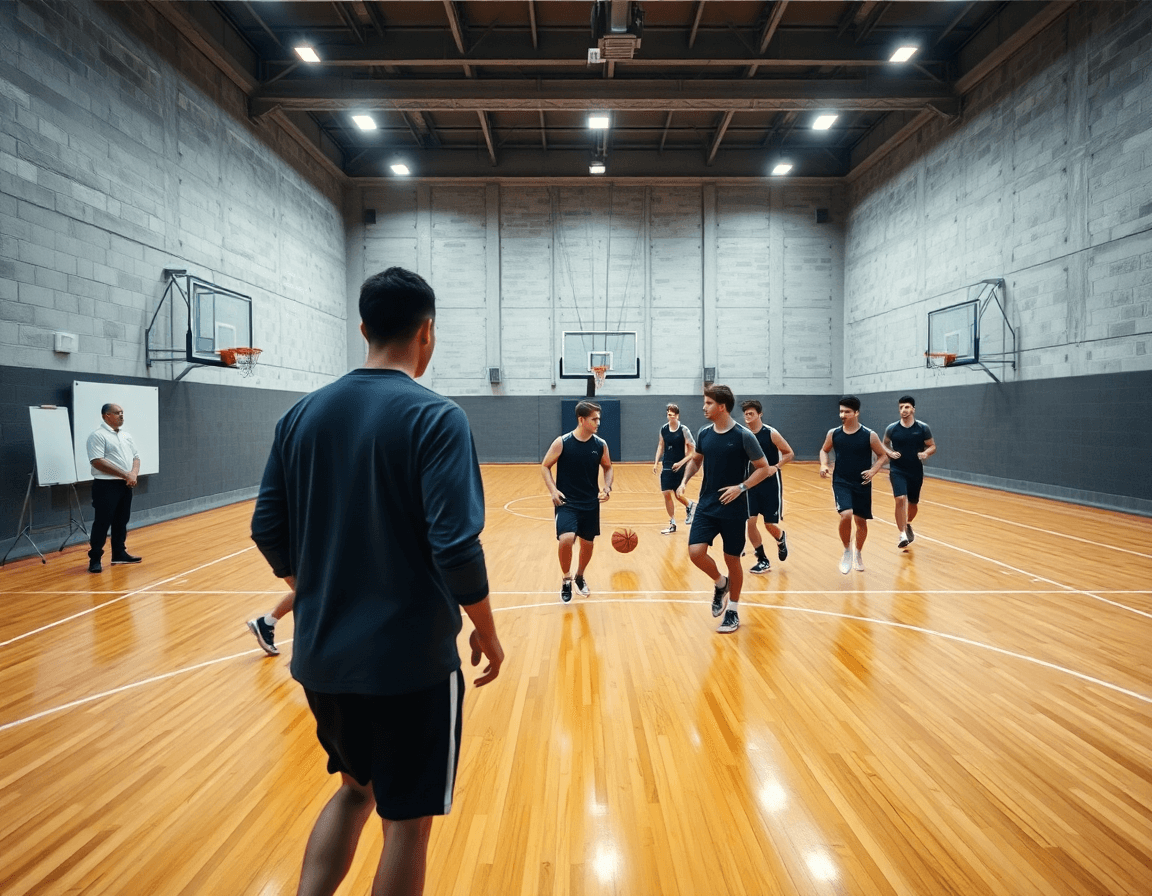 Escena de baloncesto senior con ejercicios calentamiento baloncesto senior en una cancha real.