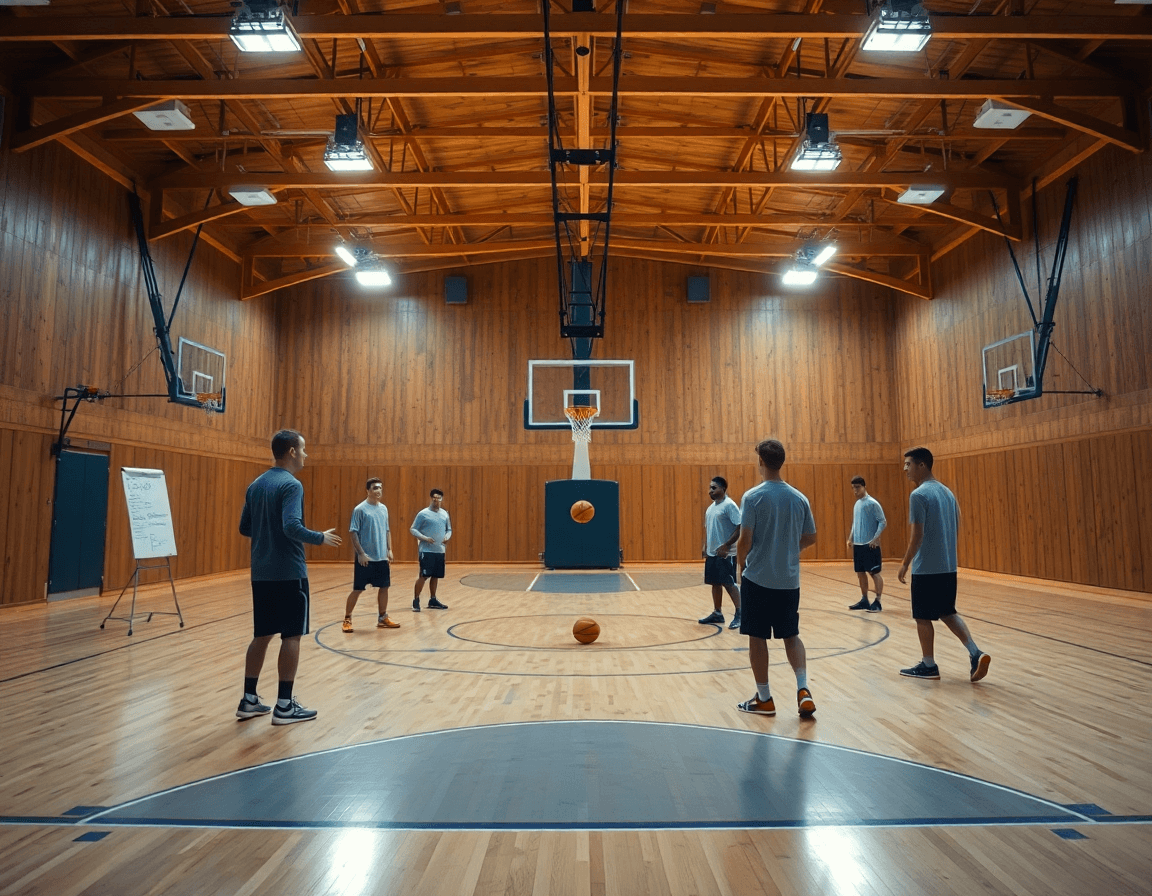 Vista amplia de un gimnasio de baloncesto mostrando ejercicios calentamiento baloncesto minibasket para un equipo