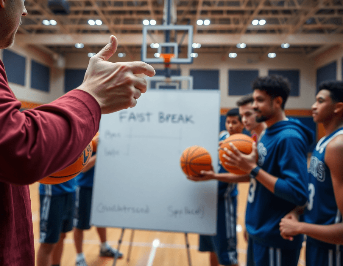 Primer plano de entrenador con pizarra y jugadores mirando, ejercicios contraataque baloncesto alevin.
