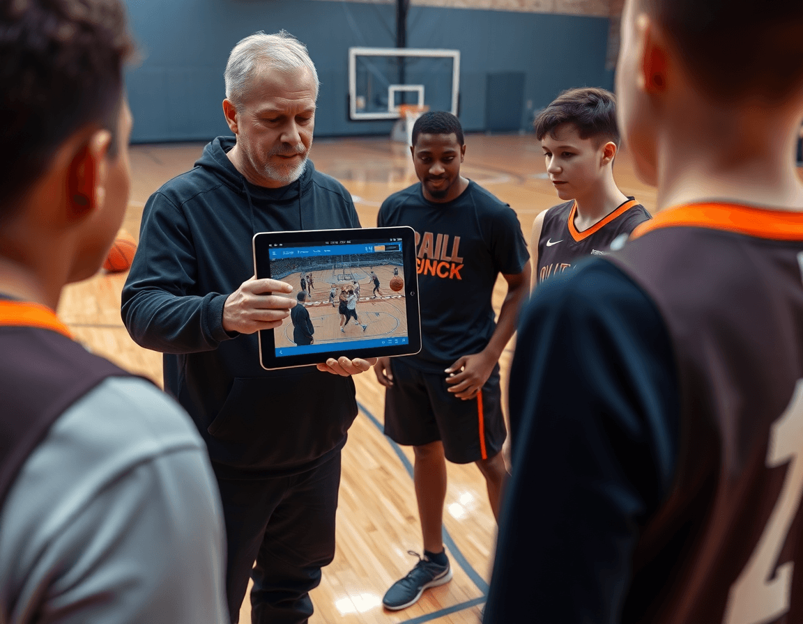 Video instructivo sobre contraataque baloncesto alevin mostrado al equipo durante el entrenamiento.