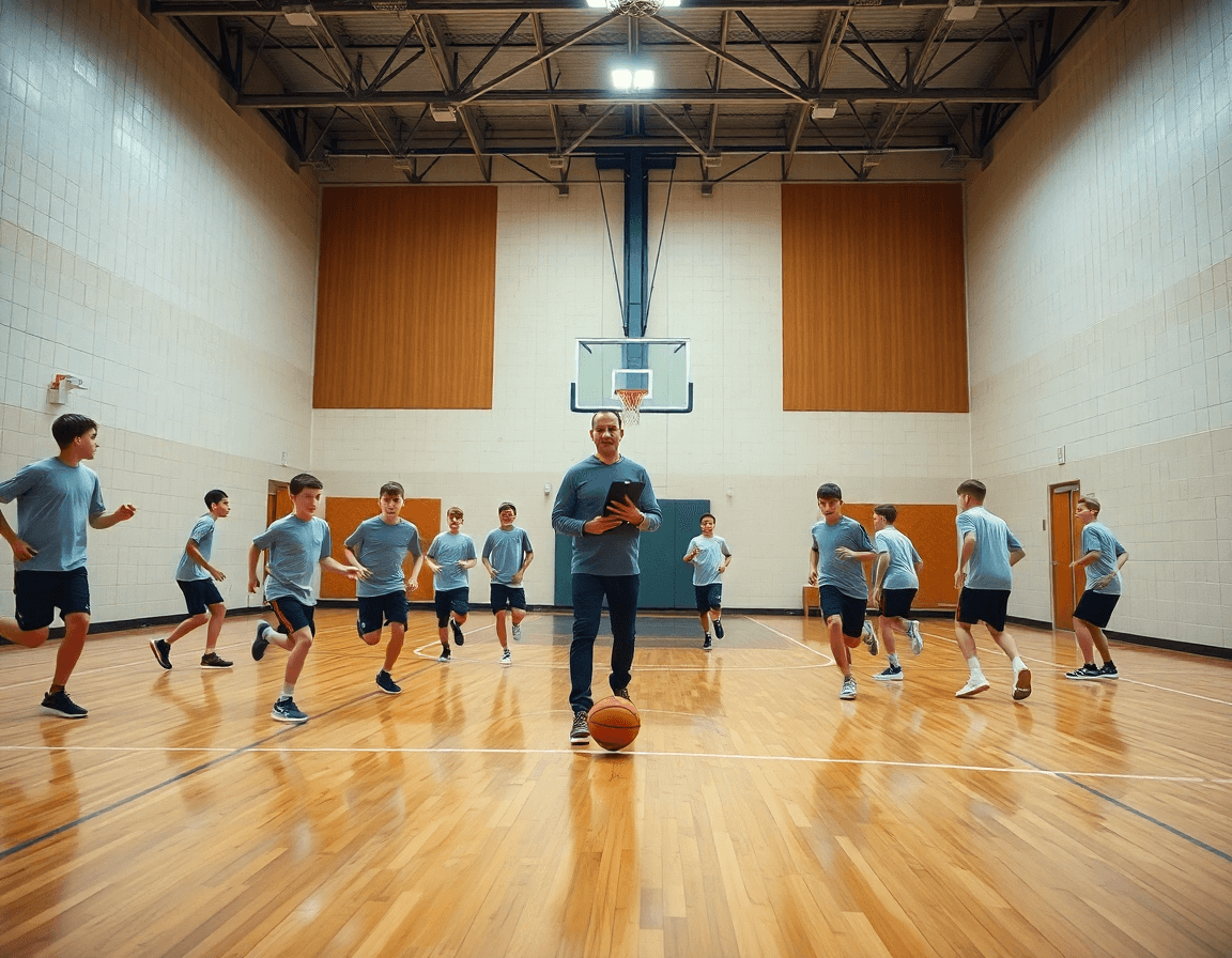 Escena amplia de ejercicios contraataque baloncesto alevin en la cancha de baloncesto, entrenador dirige.