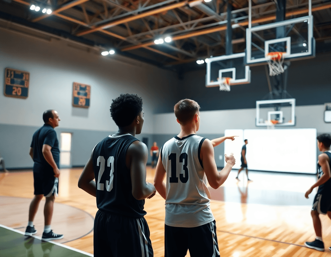 Plano cercano del entrenador con pizarra dirigiendo a jugadores durante ejercicios contraataque baloncesto minibasket en la cancha.