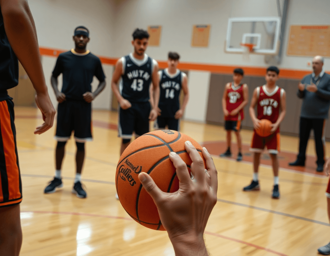 Primer plano de un balón naranja y manos preparadas para ejercicios contraataque baloncesto minibasket durante entrenamiento.