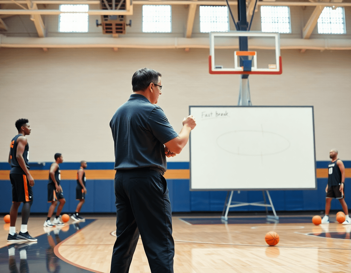 Primer plano del entrenador explicando ejercicios contraataque baloncesto pdf con balón naranja.