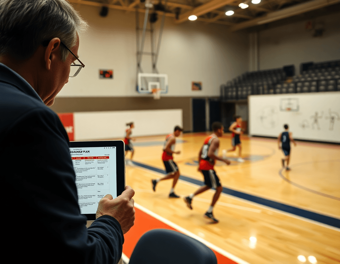 Entrenador revisa un plan semanal desde un pdf de ejercicios contraataque baloncesto pdf en pista.