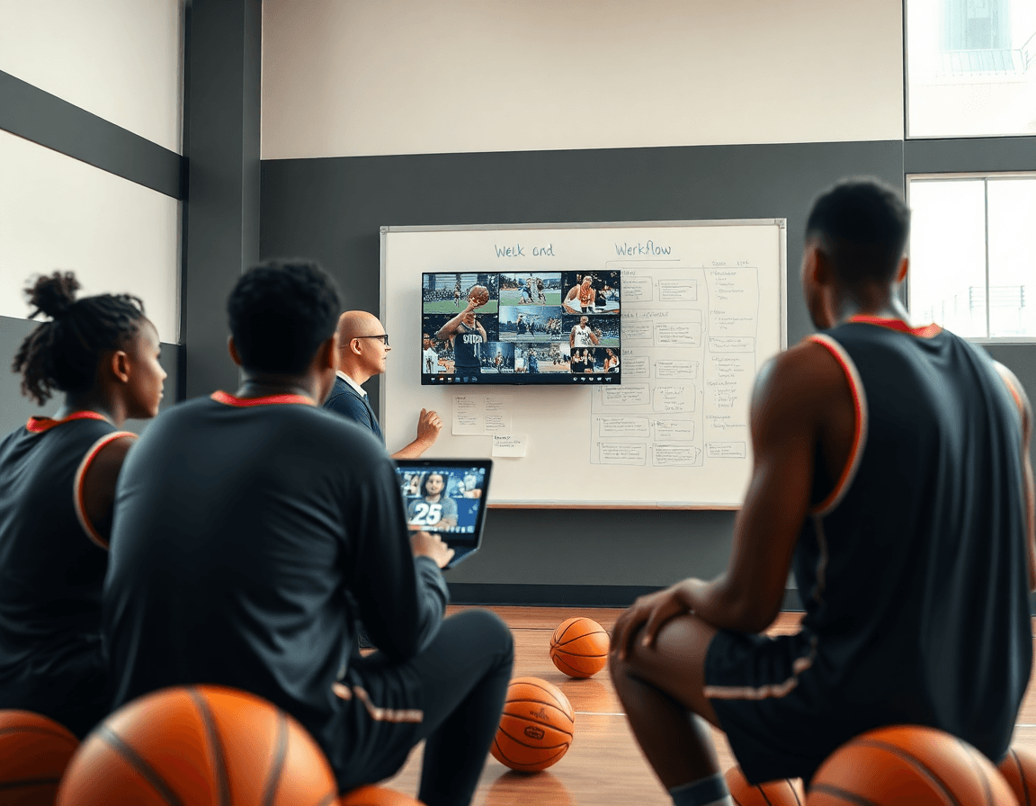 Equipo revisa ejercicios contraataque baloncesto pdf para planificar la semana en la cancha.