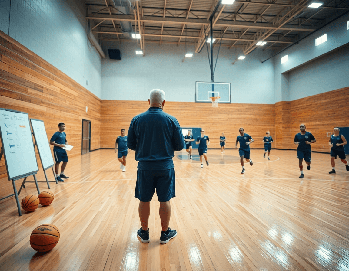 Gran plano de baloncesto durante entrenamiento, destacando ejercicios contraataque baloncesto pdf en pista.