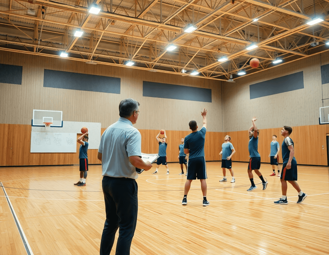 Ejercicios de tiro baloncesto senior en práctica en un gimnasio de baloncesto, vista amplia