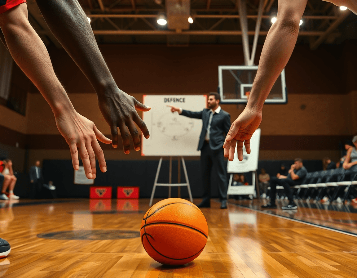 Primer plano de manos de dos jugadores defendiendo cerca de la pintura; entrenador señala ejercicios defensa baloncesto alevin.