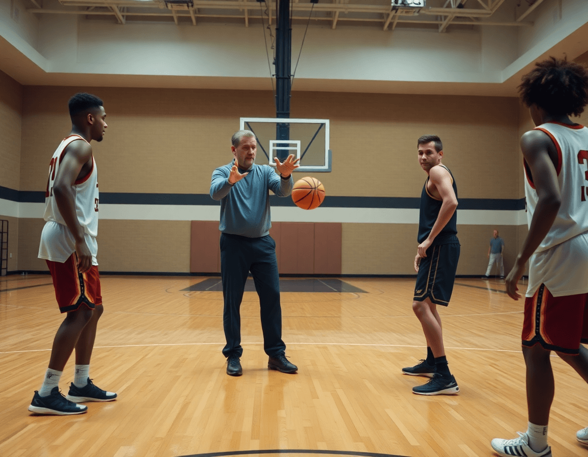 Entrenador dirige ejercicios defensa baloncesto alevin mostrando progresión de uno contra uno a dos contra dos en cancha.