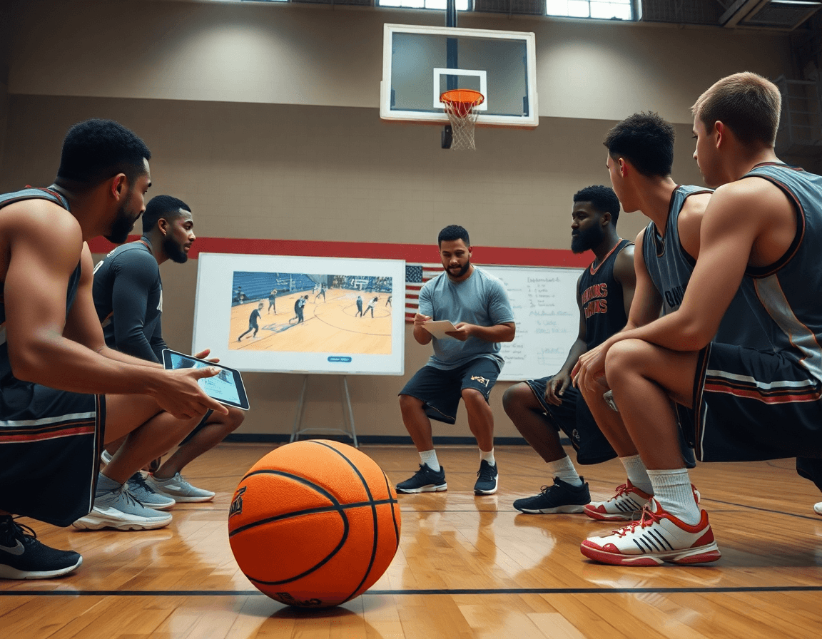 Después de práctica, jugadores observan clips en una tablet, mientras el entrenador comenta ejercicios defensa baloncesto alevin.