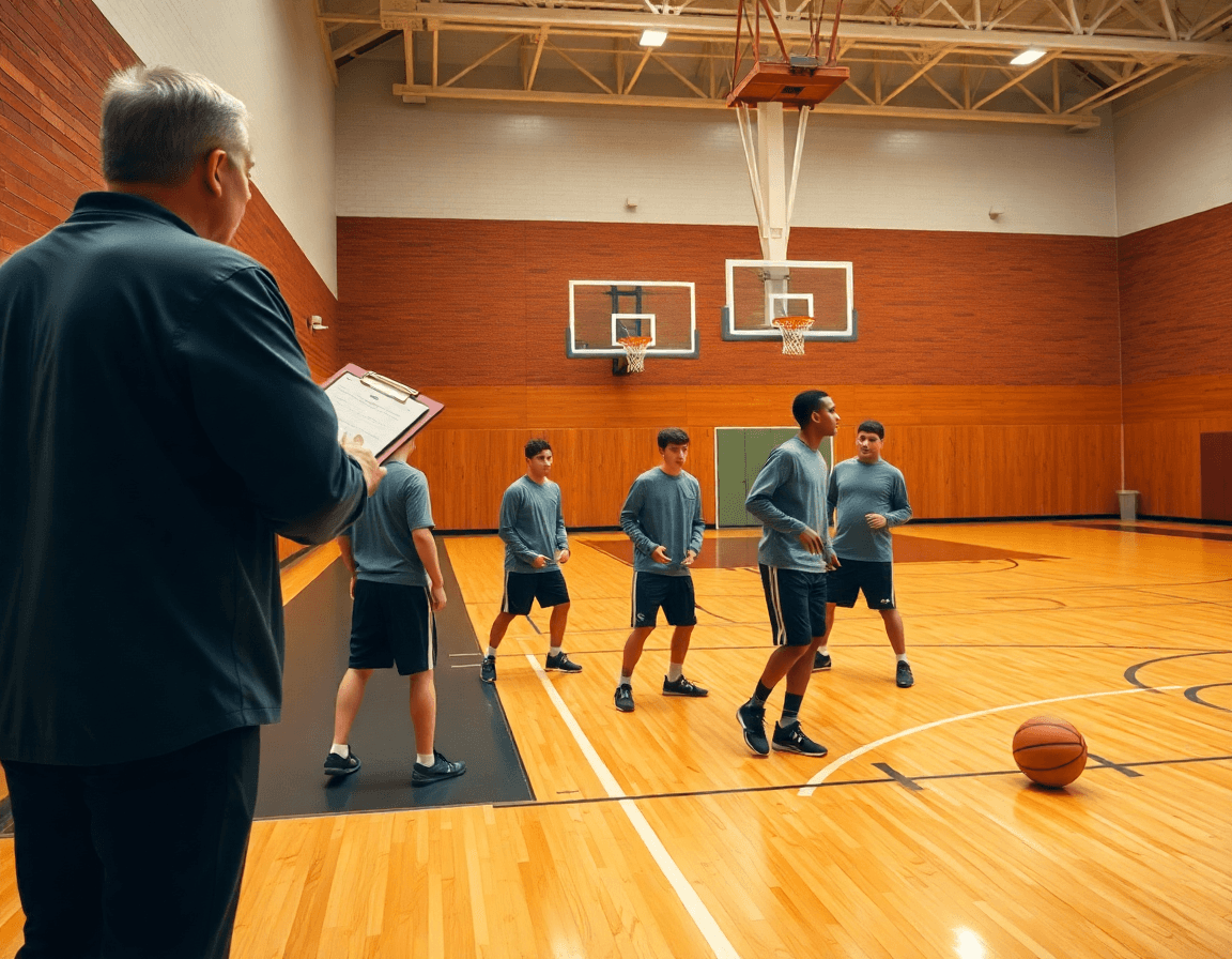 Ejercicios defensa baloncesto alevin: entrenadores y jugadores practicando defensa en un gimnasio de baloncesto.