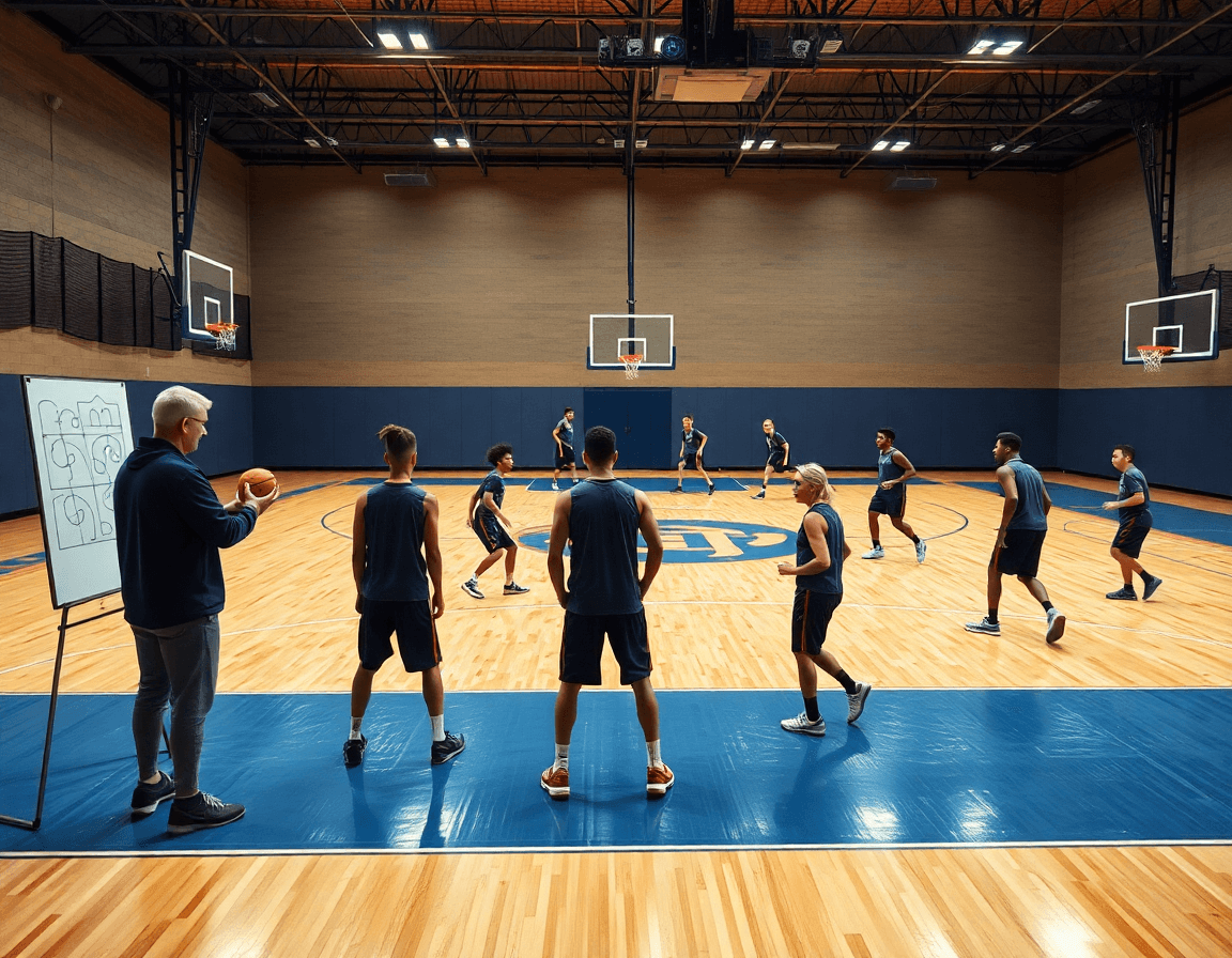 Plano general en gimnasio de baloncesto mostrando entrenador con pizarra táctica dirigiendo ejercicios defensa baloncesto cadete.