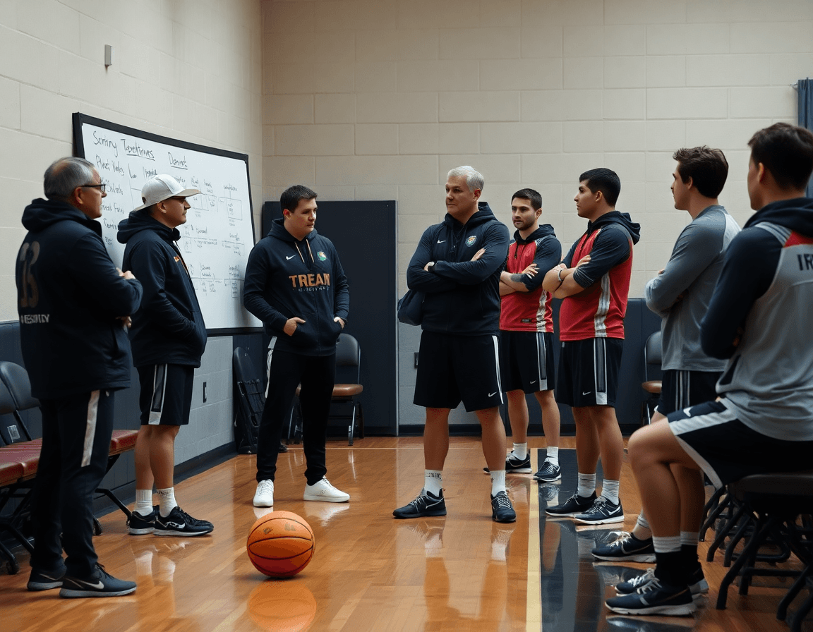 Defensa en acción: ejercicios de defensa para baloncesto se explican en una pizarra táctica junto a la cancha.