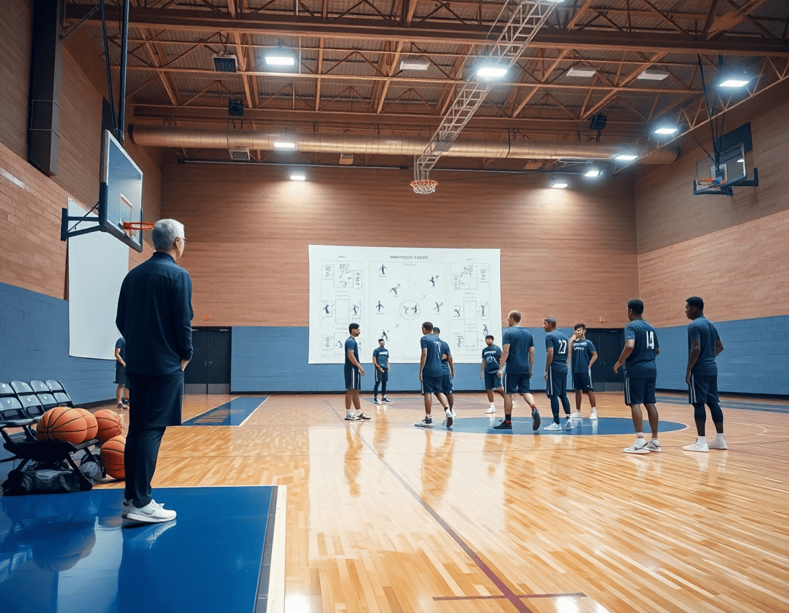 Entrenador dirige ejercicios de defensa para baloncesto durante una sesión en la cancha, con jugadores atentos.